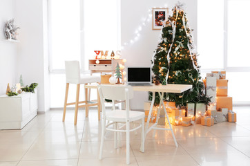 Christmas interior of living room with beautiful fir tree
