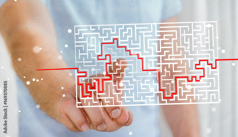 Poster businessman searching solution of a complicated maze