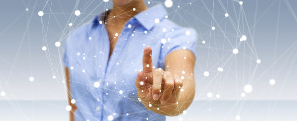 Businesswoman touching flying network sphere 3D rendering