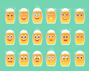 Big set of emotional icons of glasses with beer, bubbles and foam. Stickers for messengers and other communications. To the day of the Oktoberfest.
