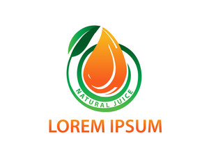 drop of orange juice with leaf, orange juice logo, natural juice logo, symbol design, isolated on white background.