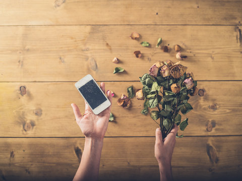 Woman With Cracked Smart Phone And Dead Flowers