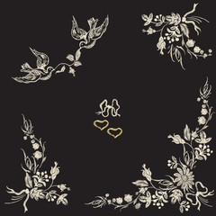 Embroidery floral pattern with pigeon, bow and flowers. Vector embroidered elements for clothing design.