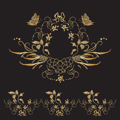 Embroidery floral pattern with basket of flowers. Vector embroidered elements for clothing design.