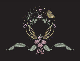 Embroidery floral pattern with butterfly, hearts and flowers. Vector embroidered element for weddiing design.