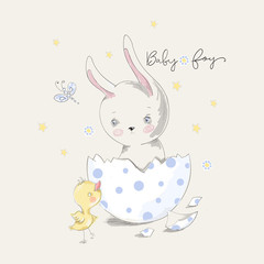 Cute bunny and chick with baby boy slogan. Vector baby illustration with pets for fashion apparels, t shirt, greeting card and printed tee design.