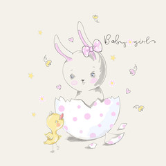 Cute bunny and chick with baby girl slogan. Vector baby illustration with pets for fashion apparels, t shirt, greeting card and printed tee design.