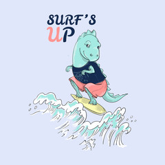 Cute surf dinosaur and waves with slogan. Vector baby patch for fashion apparels, t shirt, stickers, embroidery and printed tee design.