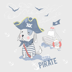 Cute pirate dog and ship with slogan. Vector baby patch for fashion apparels, t shirt, stickers, and printed tee design.