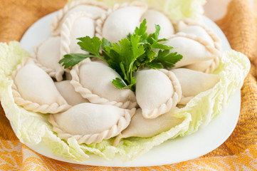 Frozen dumplings on the white plate with green