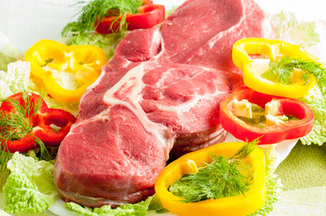 Raw pork beef meat on the white plate