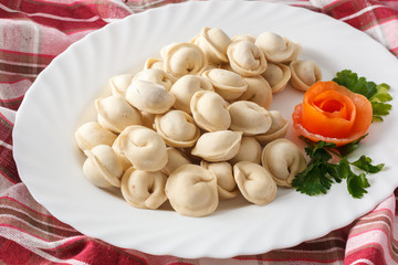 Frozen dumplings on the white plate with green