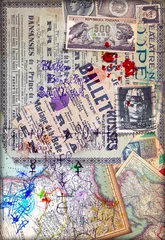 Foto auf Glas Patchwork mit mysteriösen Collagen, Formeln, Karten und antiken Briefmarken © Rosario Rizzo