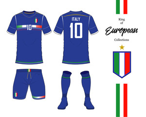 Obraz premium Italy football national team uniform. Soccer jersey or football kit template. Football logo in flat design. Front and rear view soccer t-shirt mock up. Vector Illustration. 