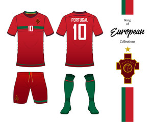 Naklejka premium Portugal football national team uniform. Soccer jersey or football kit template. Football logo in flat design. Front and rear view soccer t-shirt mock up. Vector Illustration. 