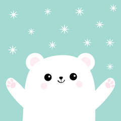 Polar white small little bear cub. Reaching for a hug. Cute cartoon baby character icon. Open hand ready for a hugging Arctic animal collection. Flat design Winter snow flake blue background Isolated.