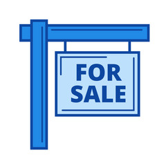 For sale sign vector line icon isolated on white background. For sale sign line icon for infographic, website or app. Blue icon designed on a grid system.