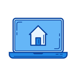Buy house online vector line icon isolated on white background. Buy house online line icon for infographic, website or app. Blue icon designed on a grid system.