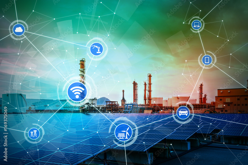 Fototapete smart factory and Internet of Things. Sensor network. Factory Automation. conceptual mixed media.