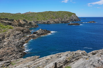 Fototapeta na wymiar Spain Costa Brava rocky coastal landscape in the natural park Cap de Creus, Mediterranean sea, Cadaques, Catalonia