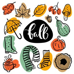 Vector hand drawn style set of autumn symbols: pumpkin, leaves, boots and others.