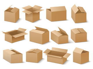 Fototapeta premium Delivery and shipping carton package. Brown cardboard boxes vector set