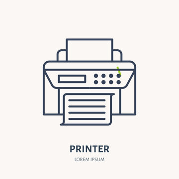Printer with paper page flat line icon. Wireless technology, office equipment sign. Vector illustration of communication devices for electronics store.