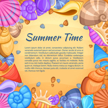 Summer travel vector card with cartoon sea shell border