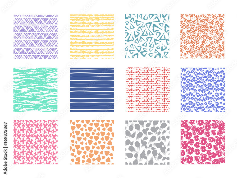 Poster scribble and dotted hand drawn vector seamless textures. rough linear and wavy backgrounds set
