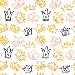 Fototapeta na wymiar Newborn cute girl vector seamless pattern with doodle crowns
