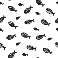 Swimming fish vector seamless pattern. Small silhouette fishes endless decoration