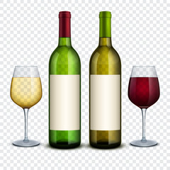 Red and white wine in bottles and wineglasses vector mockup