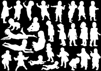 twenty seven child silhouettes collection on black