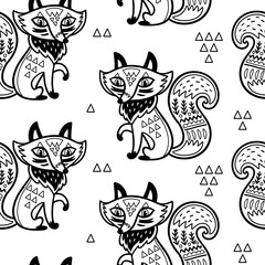 Cute pattern vector illustration with fox and ornaments in outline