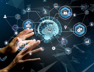 International business network connection displayed on a futuristic interface with technology icon and sphere globe - Worldwide business concept