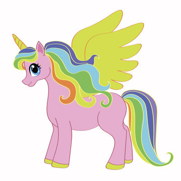 Vector drawing of a Pegasus with a bright mane of rainbow colors.