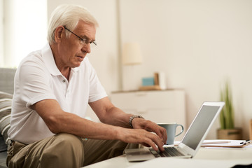 Side view portrait of modern senior man using laptop, working at home
