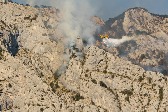 Promajna, Biokovo, Croatia, 24. August 2017 - Firefighting on Biokovo by Canadair CL-415