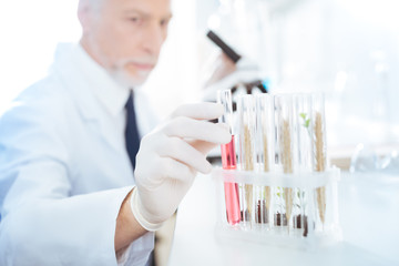 Confident lab assistant taking tube with reagent