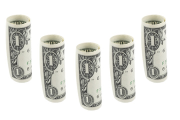 Five one dollar banknote in the rolls on the white background