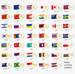 Symbols world money with national county flags. Vector currency exchange icons collection.