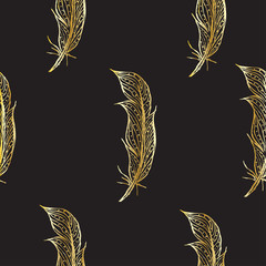 Seamless pattern golden hand-drawn feathers on a dark background. Vector