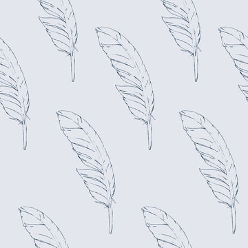 Seamless pattern blue hand-drawn feathers on a bright background. Vector