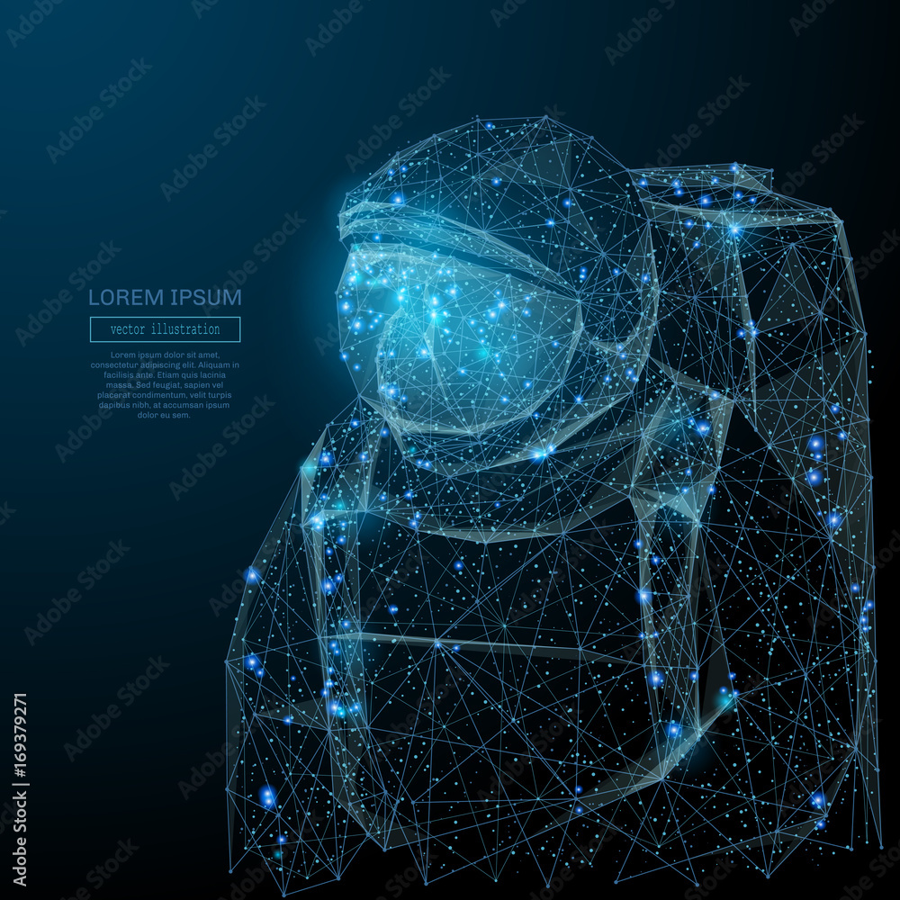 Aufkleber Abstract image of a astronavt in the form of a starry sky or space, consisting of points, lines, and shapes in the form of planets, stars and the universe. Vector space wireframe concept.