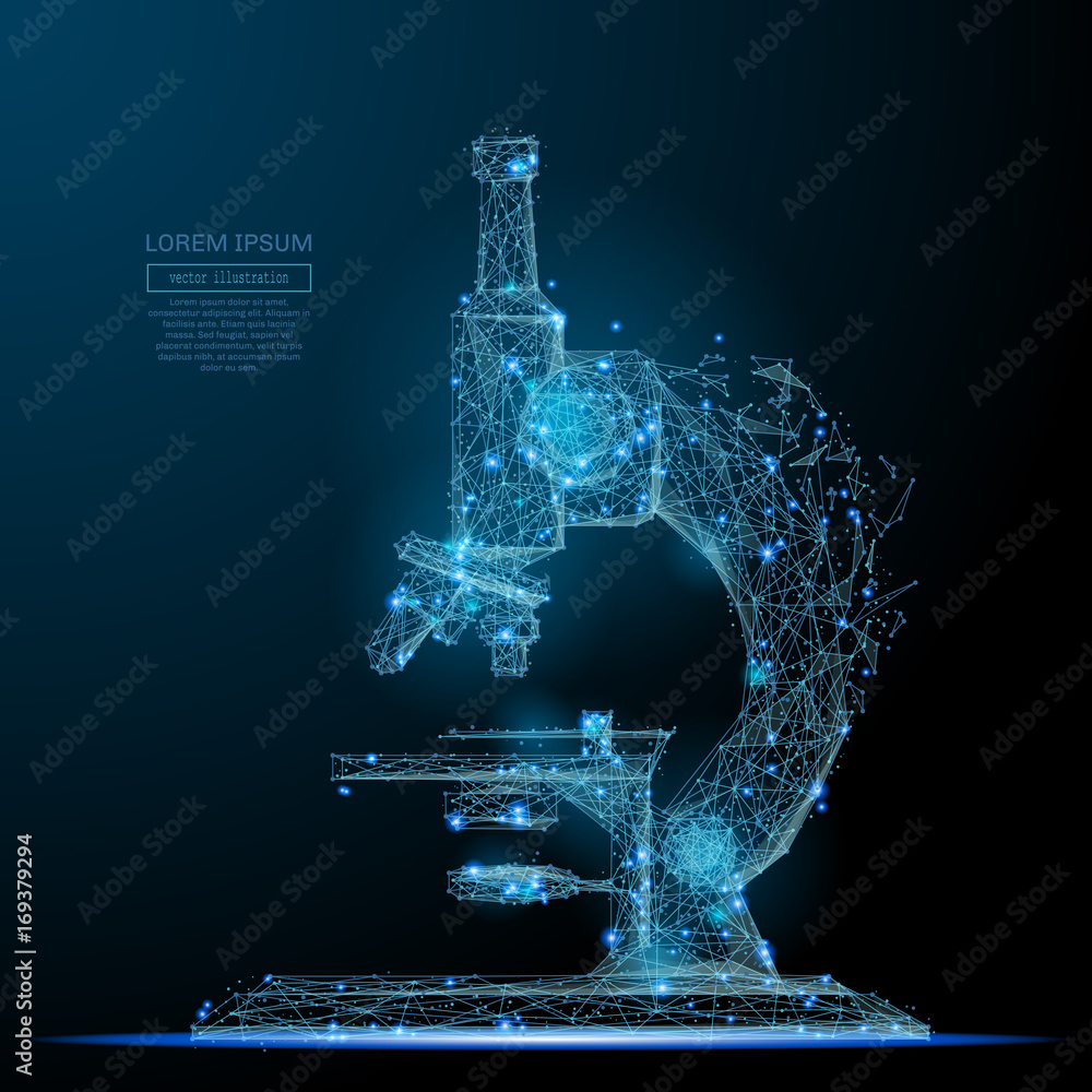 Aufkleber Abstract image of a microscope in the form of a starry sky or space, consisting of points, lines, and shapes in the form of planets and the universe. Vector education and science wireframe concept.