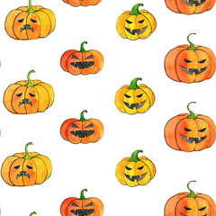 seamless pattern with watercolor halloween pumpkins