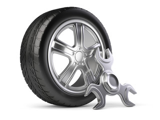 Wheel and spinner wrench. Car service 3d icon.