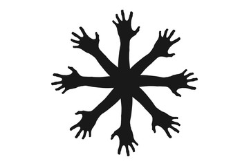 Snowflake shaped shadow of zombie hands isolated on white background.