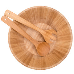 Empty bamboo bowl with fork and spoon isolated on white background, top view