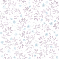 Subtle ditsy flowers and leaves. Seamless pastel floral pattern. Watercolor